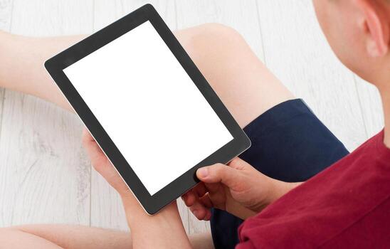 close up male hands , man using tablet, laptop and cellphone connecting wifi - empty display, blank screen photo