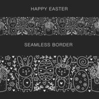 Happy Easter doodle line art elements rabbit bunny cake egg flower sun herbs isolated on dark background seamless border banner vector