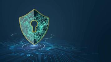 Datenschutz-Cyber-Sicherheitskonzept mit Schildsymbol auf Leiterplattendesign. Cyberangriffsschutz für weltweite Verbindungen, Blockchain. video