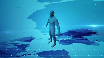 Modello umano 3d sulla mappa del mondo della tecnologia digitale video