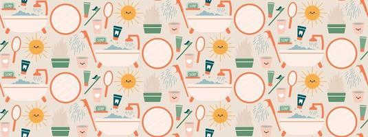 Seamless repeating bathroom pattern with shower and personal care items. Morning and evening routine. Vector illustration.