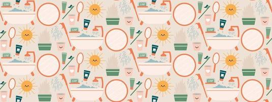 Seamless repeating bathroom pattern with shower and personal care items. Morning and evening routine. Vector illustration.