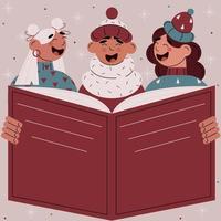 Chorus of cartoon vector characters singing a Christmas carol.