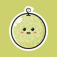 lindo personaje de dibujos animados de frutas con feliz expresión sonriente. diseño vectorial plano perfecto para iconos de promoción promocional, mascotas o pegatinas. Ilustración de cara de fruta de melón verde. vector