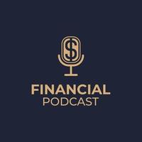 Diseño de logotipo de podcast para discusión de finanzas o negocios con icono de micrófono, micrófono y símbolo de moneda de dólar vector