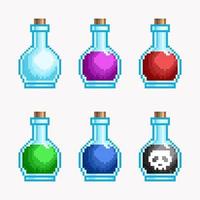 Colección de botellas de pociones en estilo pixel art. vector