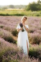 the bride in a white dress  on the lavender field photo