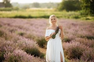 the bride in a white dress  on the lavender field photo