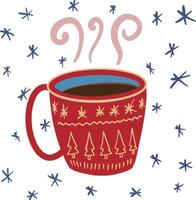 Hot drink tea cofee cup with ornament. Cozy winter holiday illustration vector
