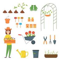 Vector illustration of gardening tools, flowers. Gardener in trendy flat style.