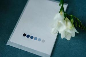 wedding invitation in a gray envelope on a table photo