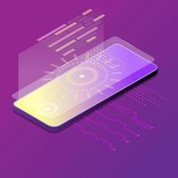 Phone in isometric view on a purple background, transparent screen, various technological gadgets, infographics, mobile vibes vector