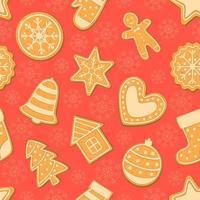 Christmas cookies on a red background. Seamless patterns on the New Year theme. Wrapping paper, fabric design. Vector image