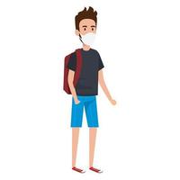 young man with school bag using face mask isolated icon vector