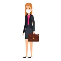 business woman using face mask with suitcase vector