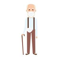 old man using face mask with walking stick vector