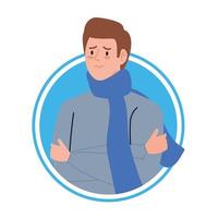 man with scarf sick of covid 19 in frame circular vector