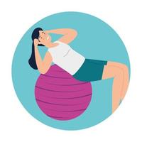 woman practicing pilates with ball plastic in frame circular vector