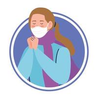 woman using face mask sick of covid 19 in frame circular vector