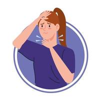 woman with sore throat sick of covid 19 in frame circular vector