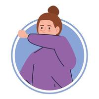 Mujer con tos enferma de covid 19 en marco circular vector
