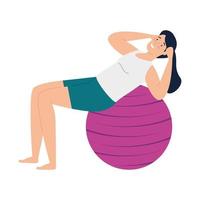 Mujer practicando pilates con pelota de plástico. vector