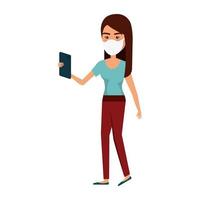 young woman using face mask with smartphone vector