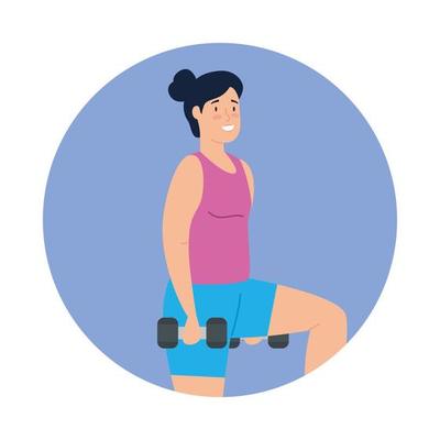 woman with weights in frame circular isolated icon