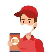 delivery worker using face mask and smartphone with app logistic vector