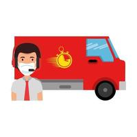 man agent call center using face mask with van vehicle vector