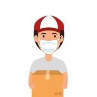 delivery worker using face mask with box carton vector