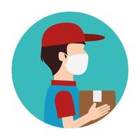 delivery worker using face mask with box carton vector