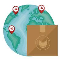 box of face masks with world planet and pin location vector