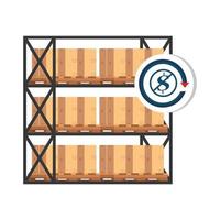 warehouse metal shelving with boxes and dollar symbol in forbidden sign vector