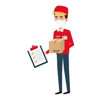 delivery worker using face mask with box carton and clipboard vector