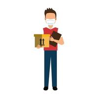 delivery worker using face mask with box carton and clipboard vector