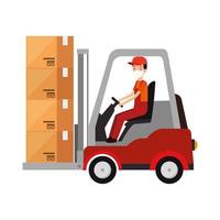 box package cargo in forklift with worker vector