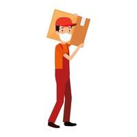 delivery worker using face mask with box carton vector