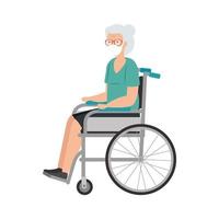 old woman with face mask in wheelchair isolated icon vector