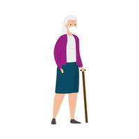 old woman with face mask and walking stick isolated icon vector