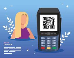 empresaria y datáfono con código de escaneo qr vector