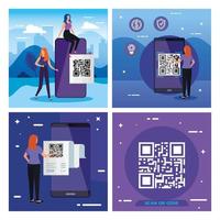 set poster of scan code qr with icons vector