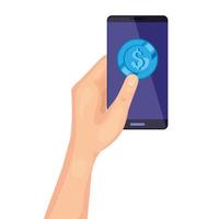 Mano con smartphone con icono aislado de moneda vector