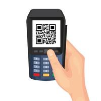 mano usando datáfono con código de escaneo qr vector