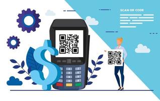 scan qr code with business woman and icons vector