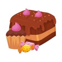 pastel de chocolate con cupcake y dulces vector