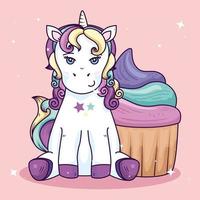 cute unicorn fantasy with delicious cupcake vector