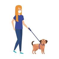 young woman with face mask and dog mascot vector