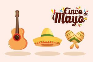 Mexican guitar hat and maracas of Cinco de mayo vector design