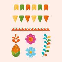 Mexican flowers leaves and banner pennant vector design